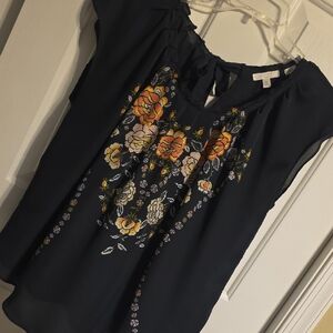 LC Lauren Conrad Navy Floral Blouse